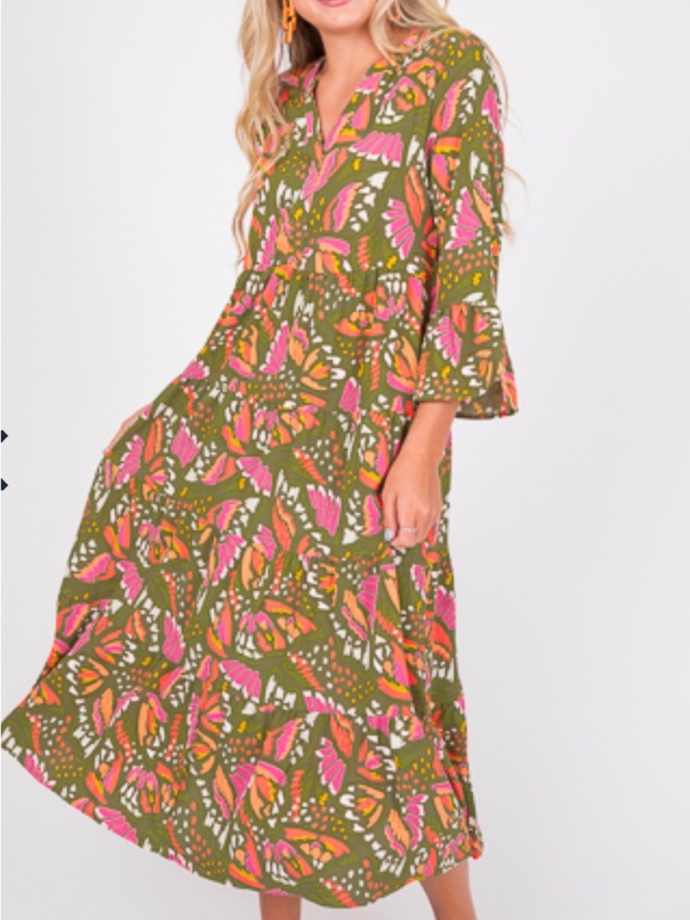 Michelle McDowell Vibrant Green Floral Print Women's Dress with Pink Accents